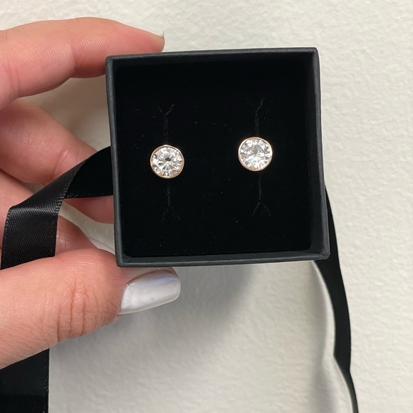 Diamond Stud Earrings, Sterling Silver with 14k Rose Gold, Bezel Stud Earrings - Picture 3 of 11